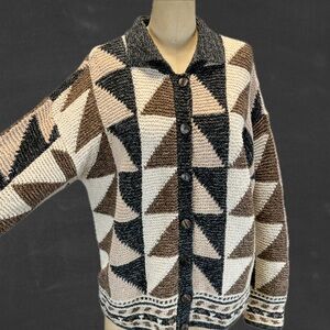 VINTAGE earthy geometric triangle knit sweater cardigan collar button front 90s